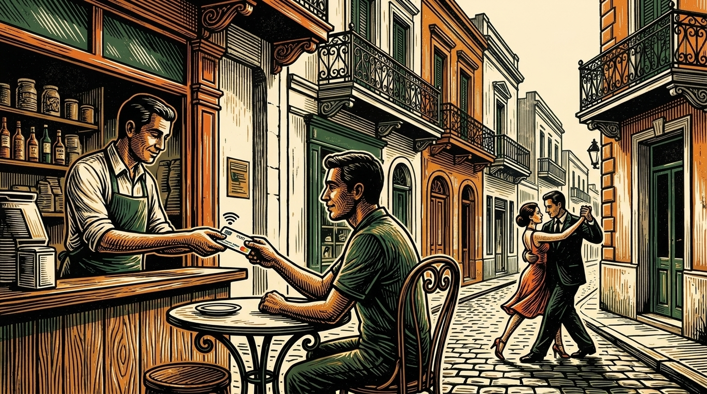 A Buenos Aires San Telmo cafe shopkeeper takes a tap payment, colonial balconies and a tango couple behind