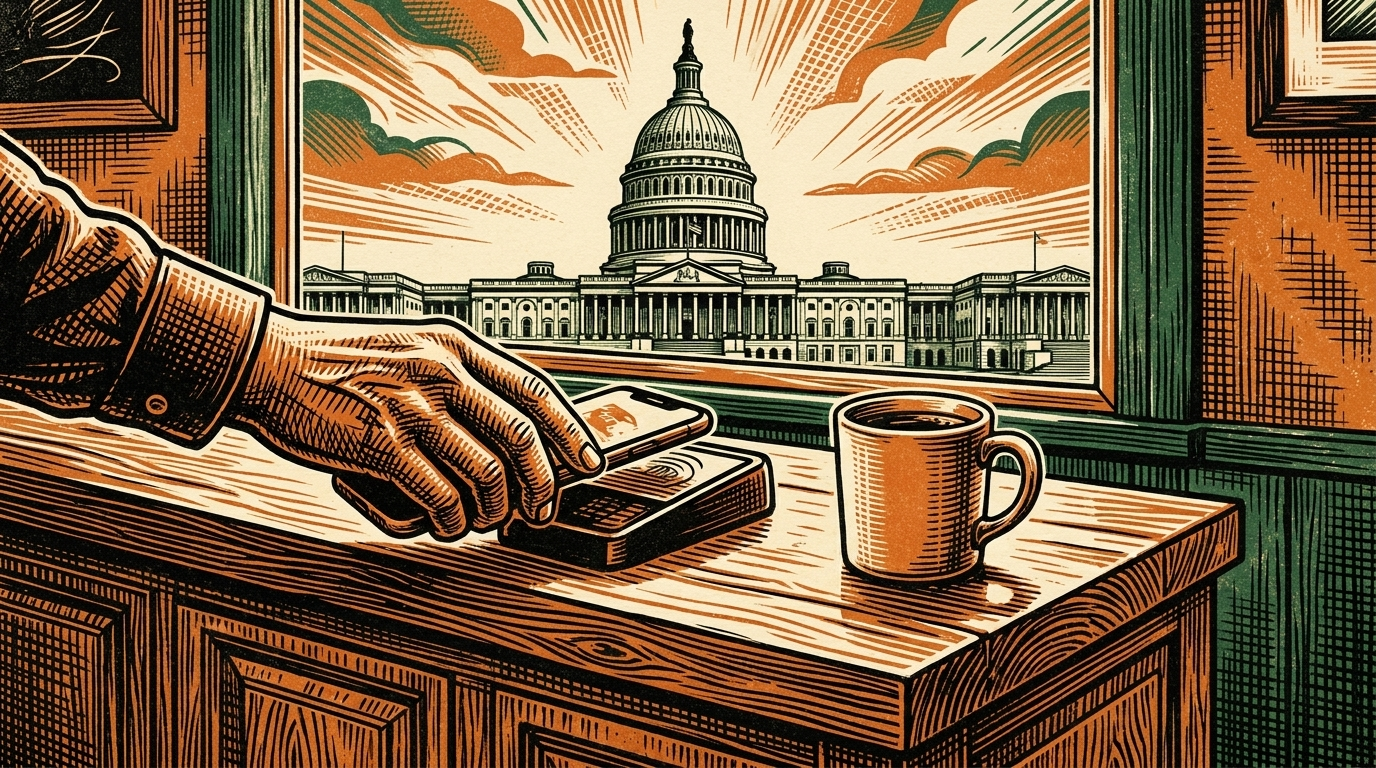 A hand taps a phone to pay for coffee, the US Capitol dome framed in the cafe window behind