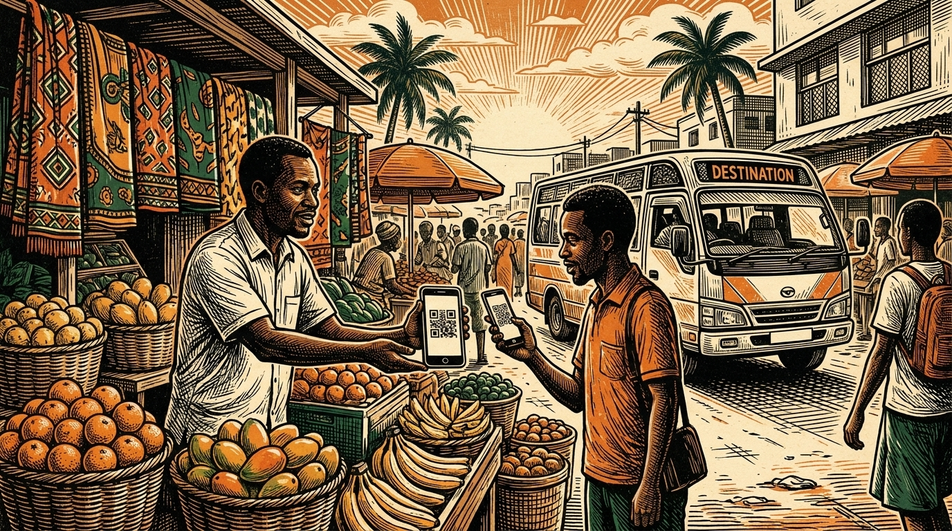 A Nairobi market vendor holds out a phone showing a payment QR code as a customer scans it, a matatu behind