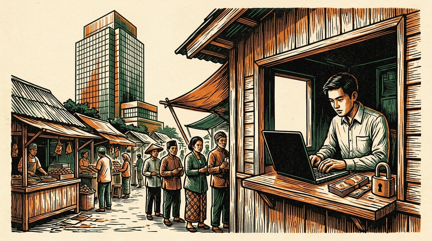 A Jakarta trader at a laptop with a glass bank tower behind and a padlock on the desk