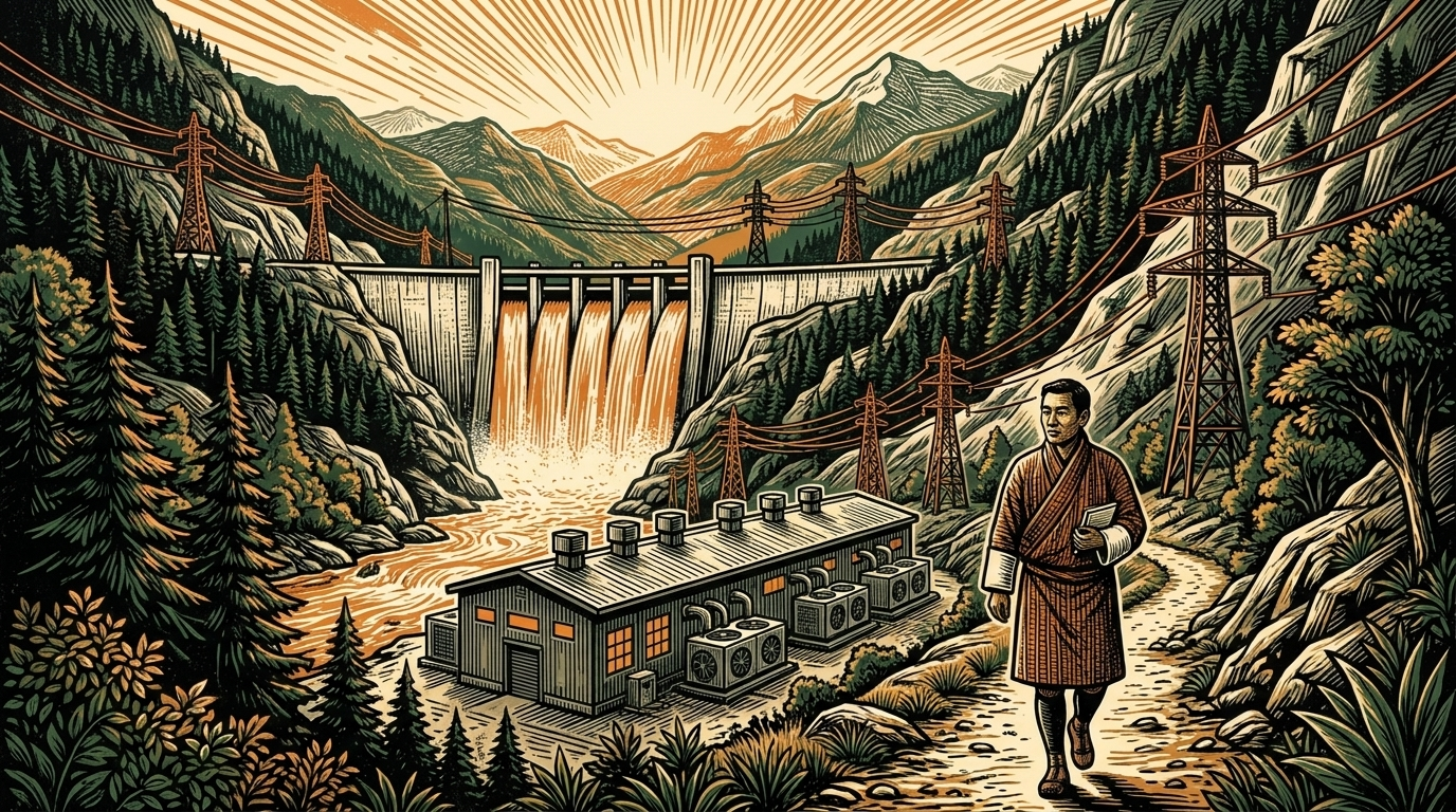 A Himalayan valley with a hydroelectric dam, a long data-center building and transmission pylons