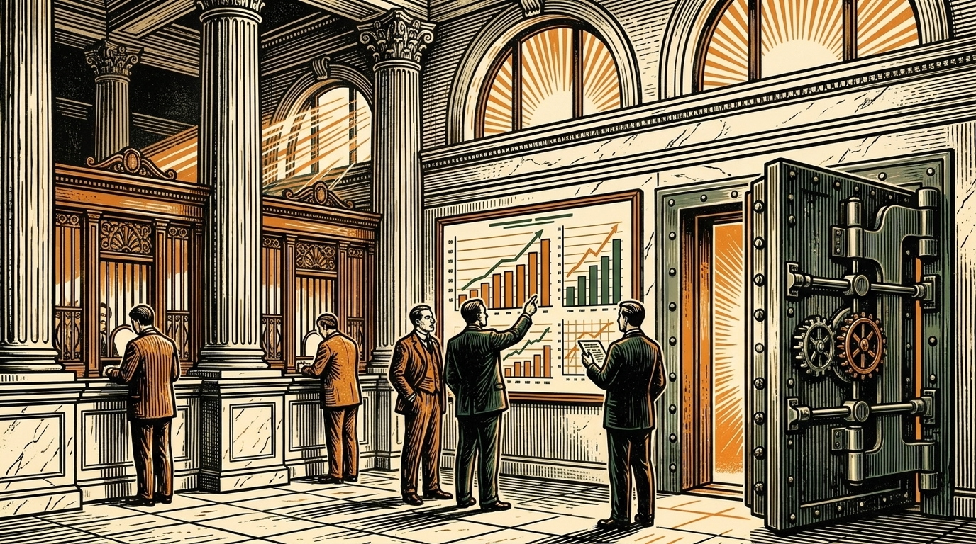 A marble bank hall with columns, a board of rising bars and an open vault door