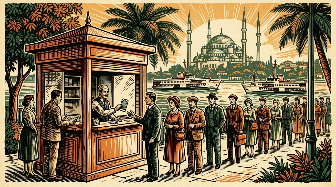 An Istanbul street by the Bosphorus with a currency-exchange kiosk and a queue, mosque behind