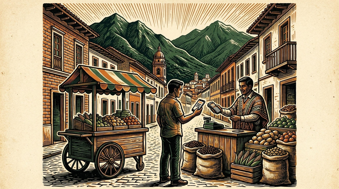A Bogota shopkeeper scans a phone QR at a counter, brick colonial buildings and the Andes behind