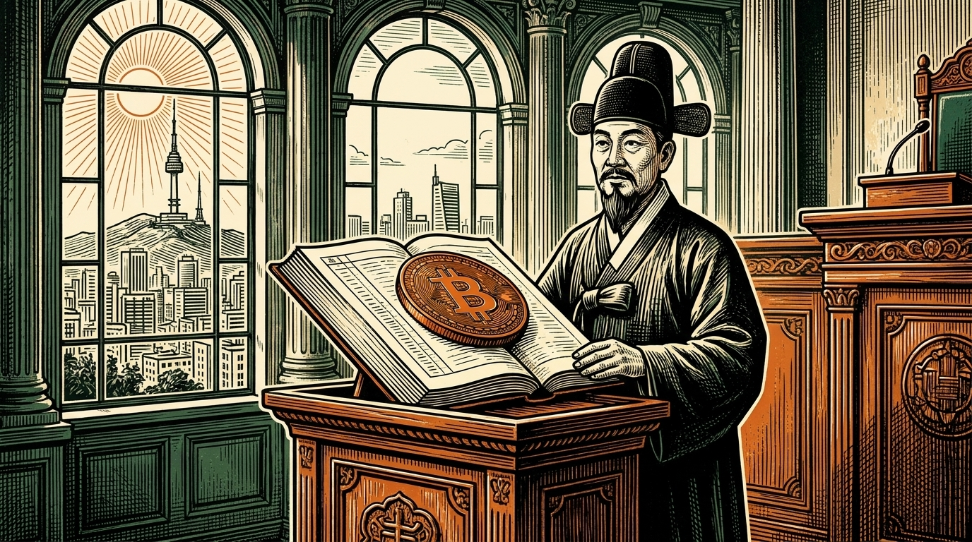 A finance official in a grand Seoul government hall presents an open national ledger with a bitcoin coin on it, the Seoul skyline through the windows