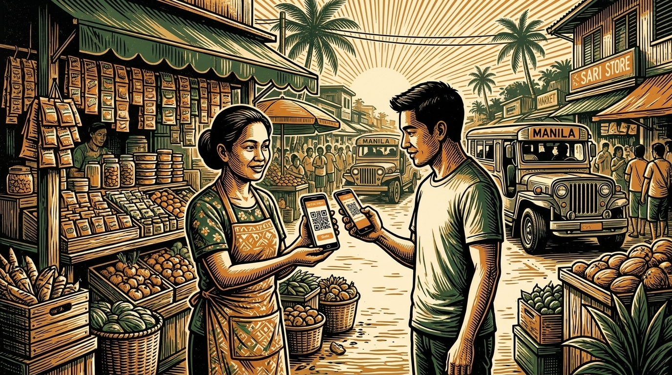 A Manila neighborhood store where a vendor holds up a phone showing a QR code as a customer scans to pay, jeepneys and market stalls behind