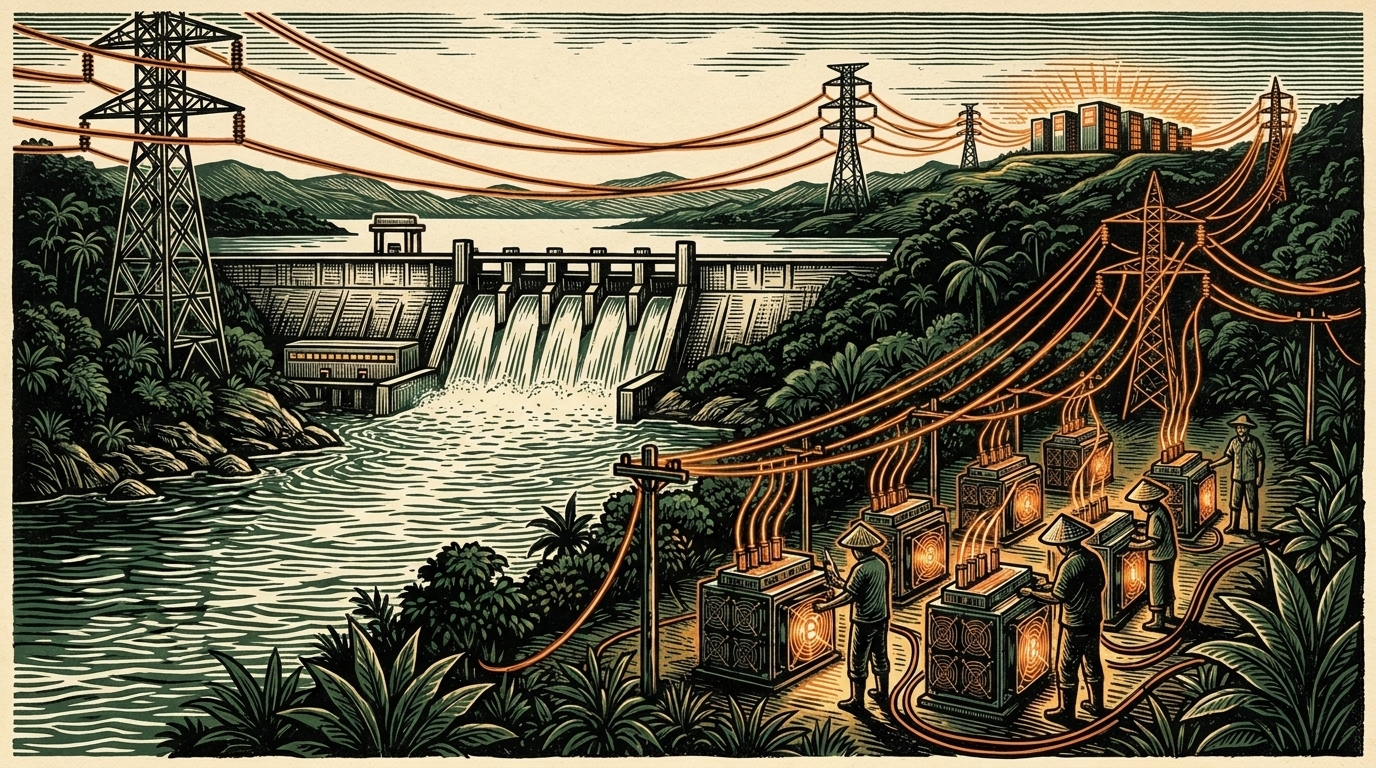 A Mekong hydropower dam and transmission towers at dusk, workers powering down rows of bitcoin mining machines as lines redirect toward a data center