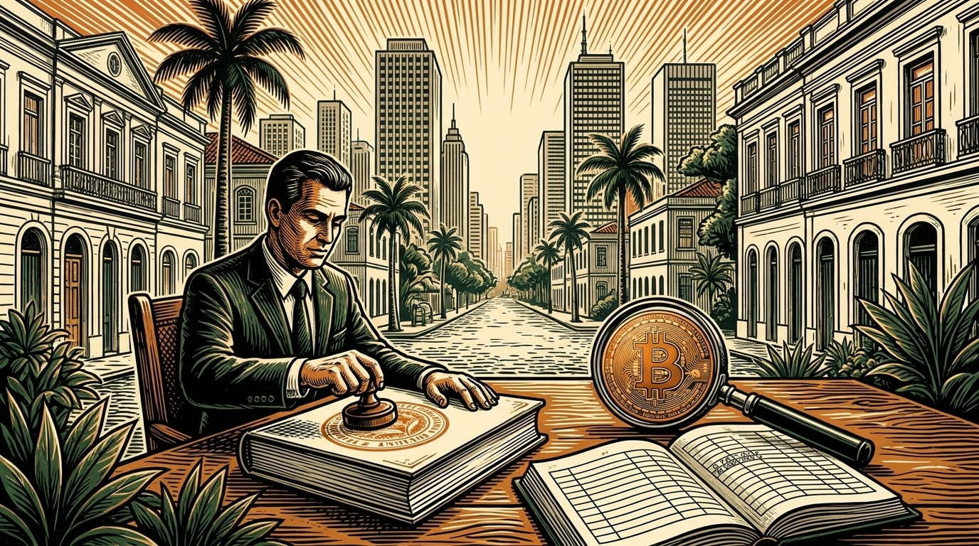 A Brazilian central-bank official pressing an official seal onto a rulebook, a bitcoin coin under a magnifying glass, the Sao Paulo skyline behind