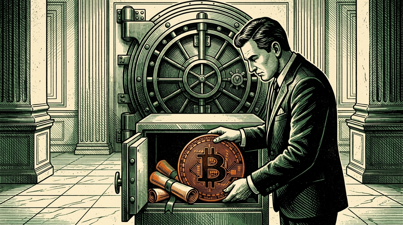 A banker in a marble hall placing a bitcoin coin into a safe-deposit box beside rolled stock certificates, a large vault door behind