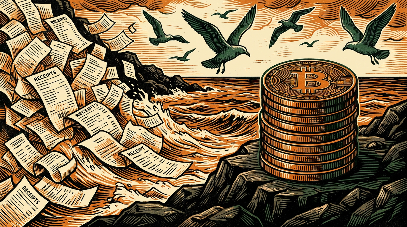 A tide of paper receipts washes out to sea while a solid stack of carved bitcoin coins stands unmoved on bedrock