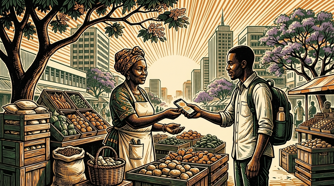 A Harare street-market vendor accepting a mobile-phone payment at her stall, city buildings and jacaranda trees behind