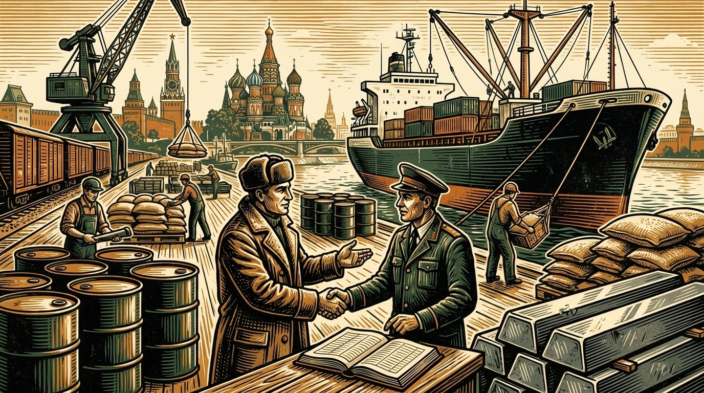 A Moscow river port and rail yard, oil barrels, metal ingots and grain sacks loaded onto a freighter as a trader seals a deal over a ledger