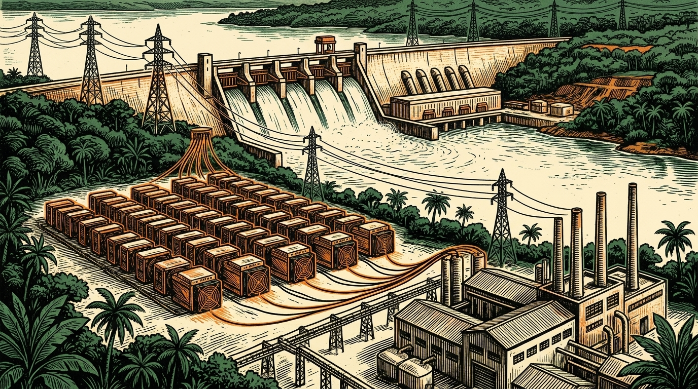 A Paraguayan hydroelectric dam and transmission towers, rows of bitcoin mining machines with some powering down as power lines redirect toward a factory