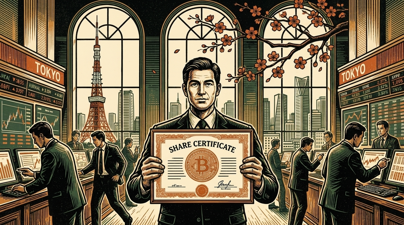 A Tokyo trading hall, a broker holding up a share certificate stamped with a bitcoin coin, the Tokyo skyline and cherry blossom through the windows