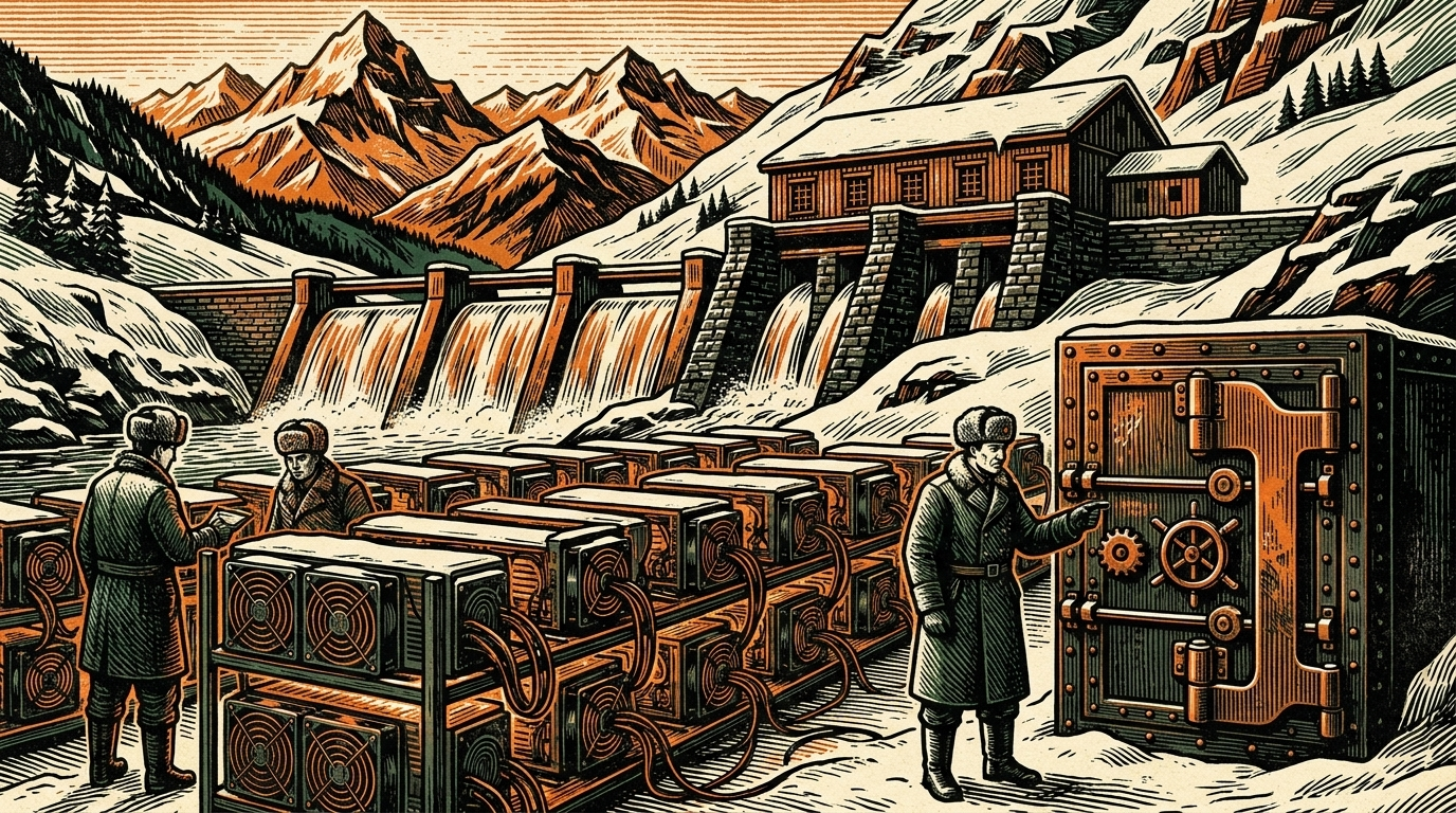A mountain hydropower station in the snowy Tien Shan, engineers beside rows of bitcoin mining machines and a heavy iron reserve vault, peaks behind