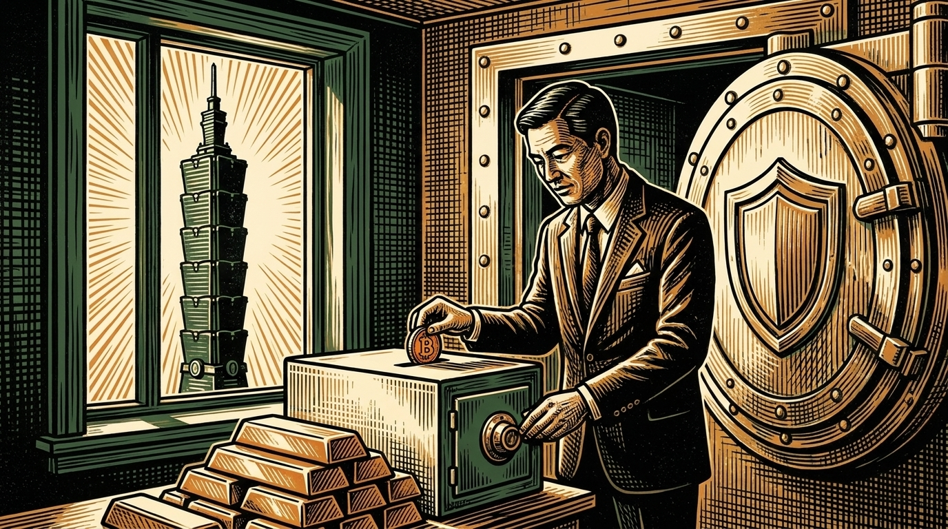 A Taipei central-bank vault, an official placing a bitcoin coin into a strongbox beside gold bars, the Taipei 101 tower through the window