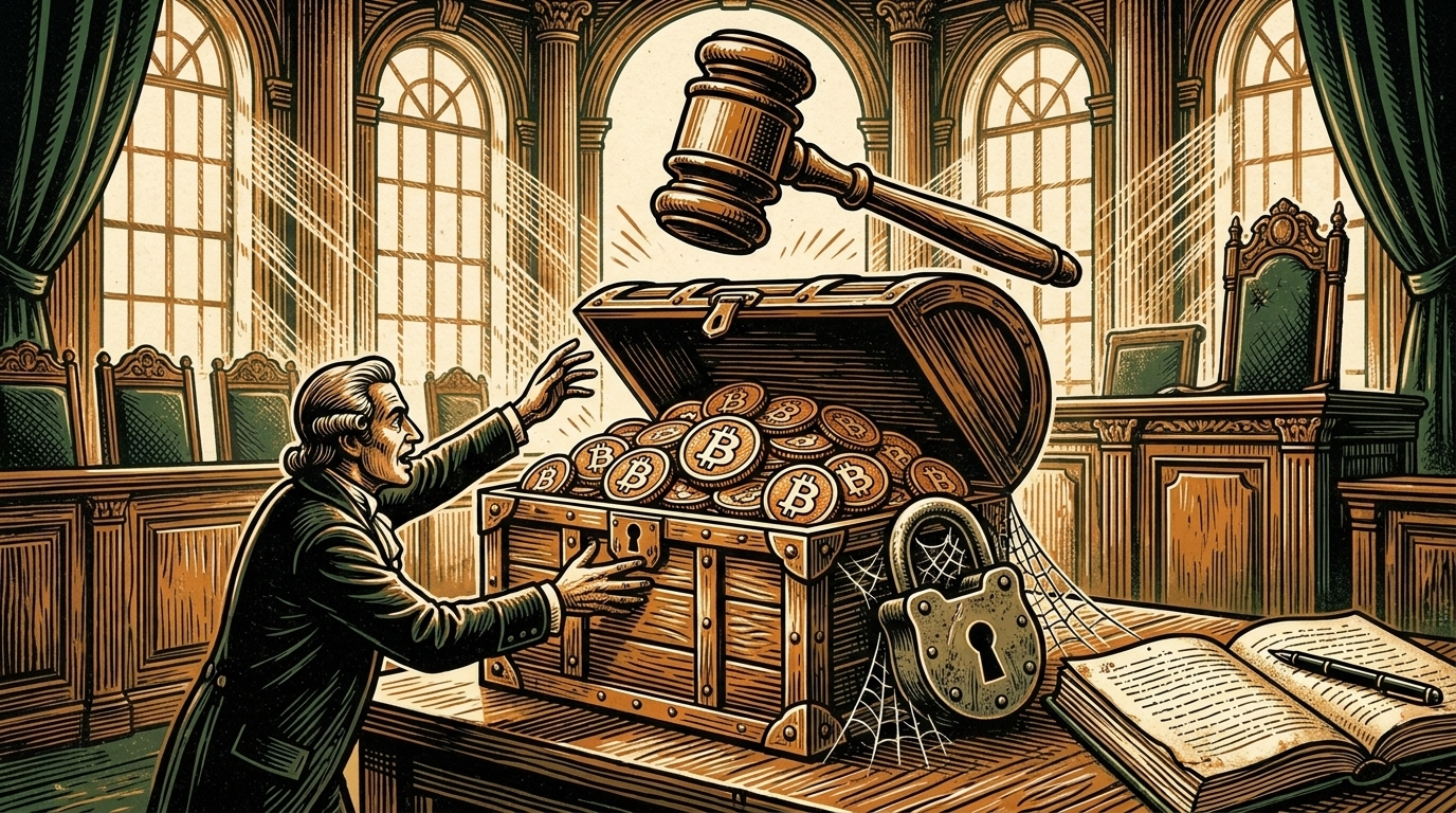 A courtroom gavel hovering over a padlocked chest of dormant bitcoin coins, a claimant reaching in, linocut