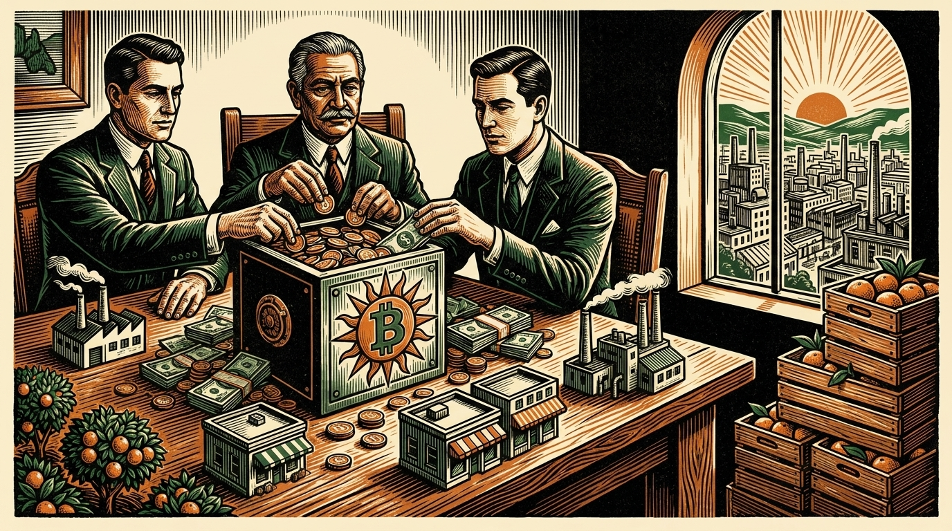 Financiers pressing cash flow from small businesses and orange groves into a bitcoin strongbox, linocut