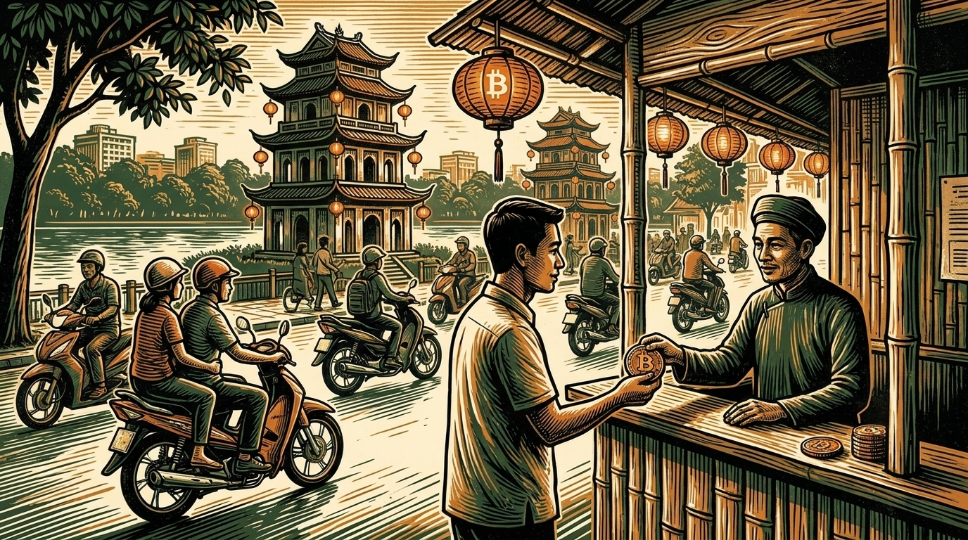 A Hanoi street beside a lake, a trader passing a bitcoin coin across a licensed exchange counter, linocut
