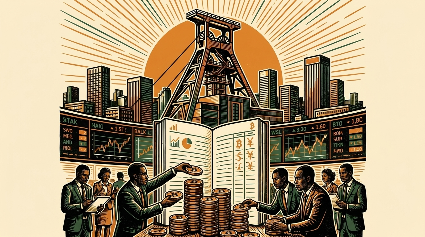 African executives on a Johannesburg exchange floor stacking bitcoin coins onto a corporate ledger, a gold-mine headframe behind, linocut