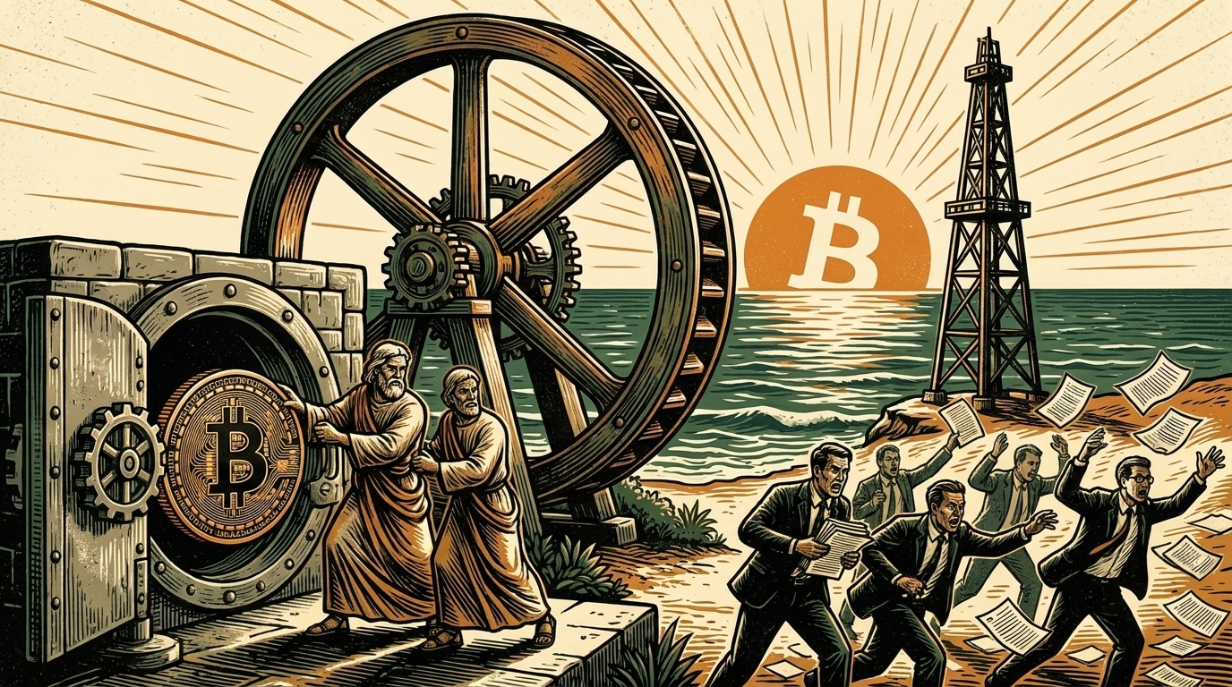 A four-spoked cyclical mill wheel turning by the sea, holders locking bitcoin into a stone vault, linocut