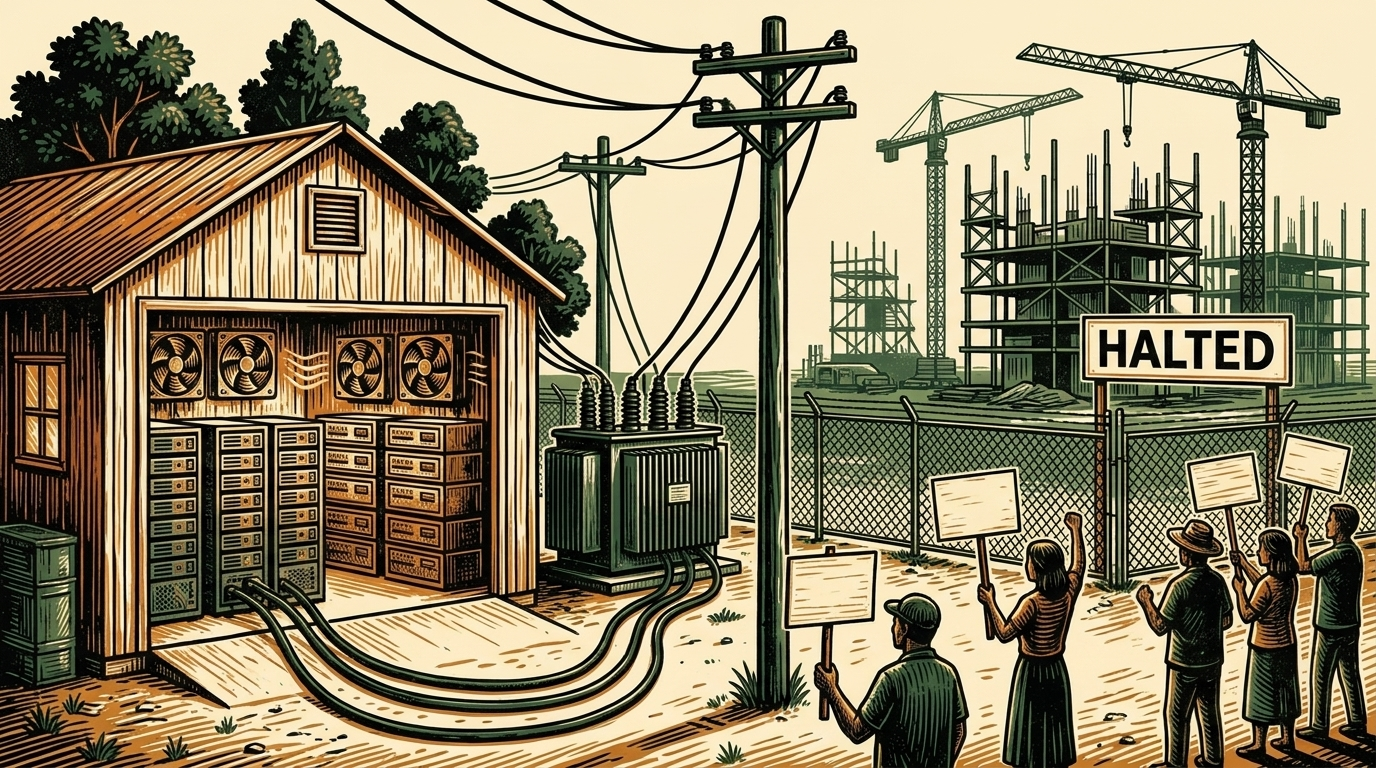 A bitcoin mining shed beside a fenced-off, halted data-center site with protesters, power lines rerouting, linocut