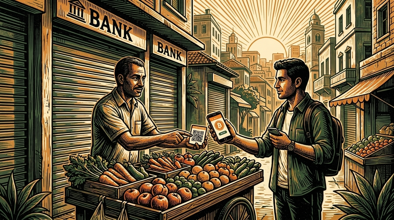 A Beirut fruit vendor takes a mobile payment in front of the shuttered gates of a closed bank, linocut