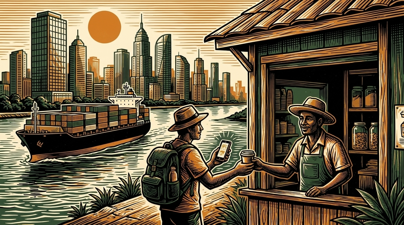 A Panama City shopkeeper and customer settle a phone payment, the canal and skyline behind, linocut