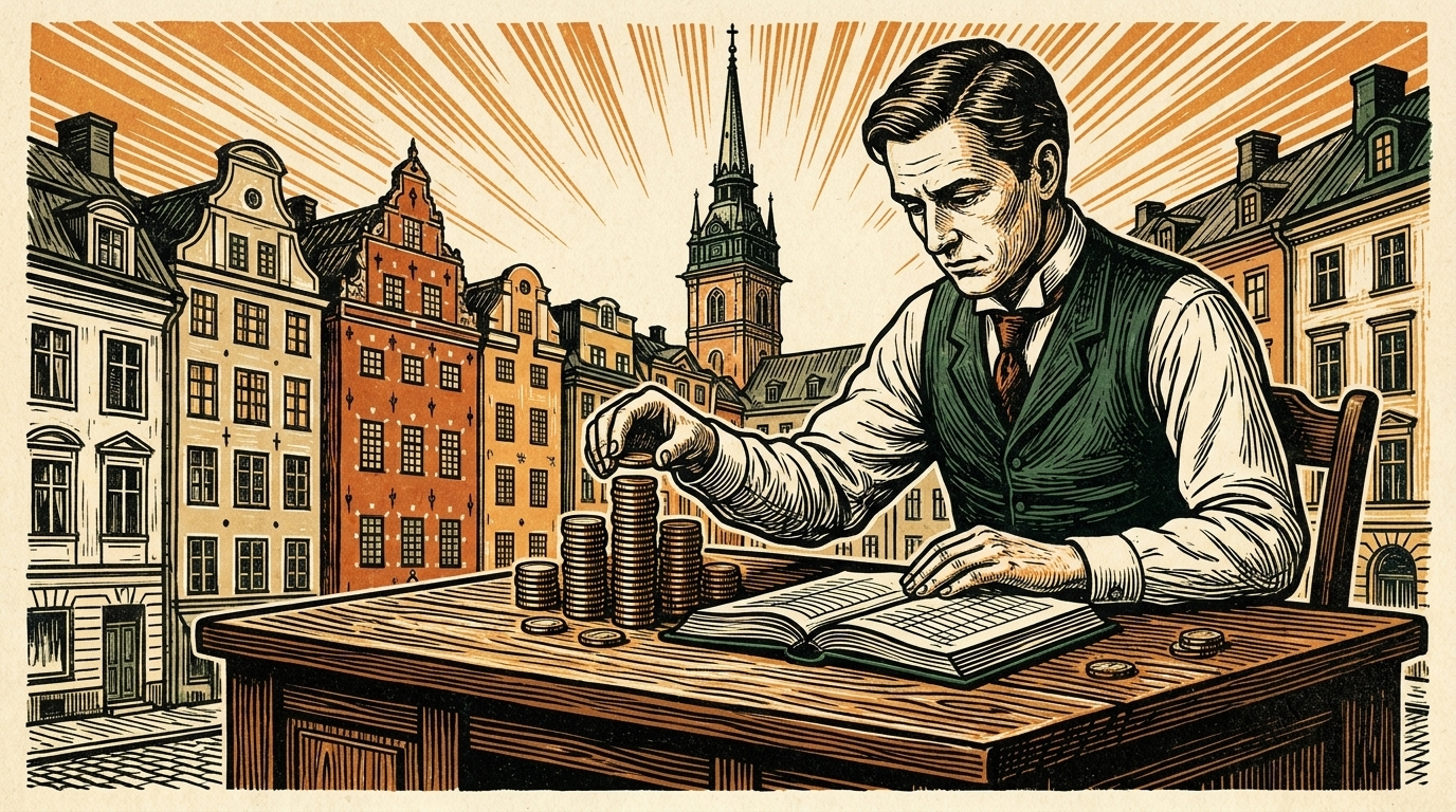 A Stockholm clerk stacks coins beside a ledger in the old town, gabled facades behind, linocut