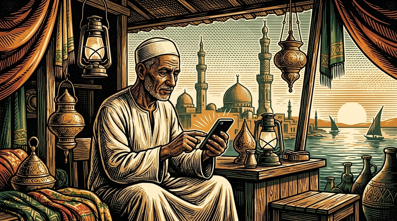 A Cairo bazaar trader checks a phone at his stall, lanterns around him and minarets behind, linocut