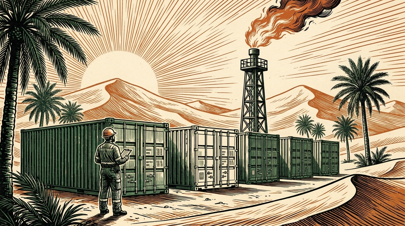An Omani engineer inspects mining containers beside a desert gas flare, dunes and date palms behind, linocut