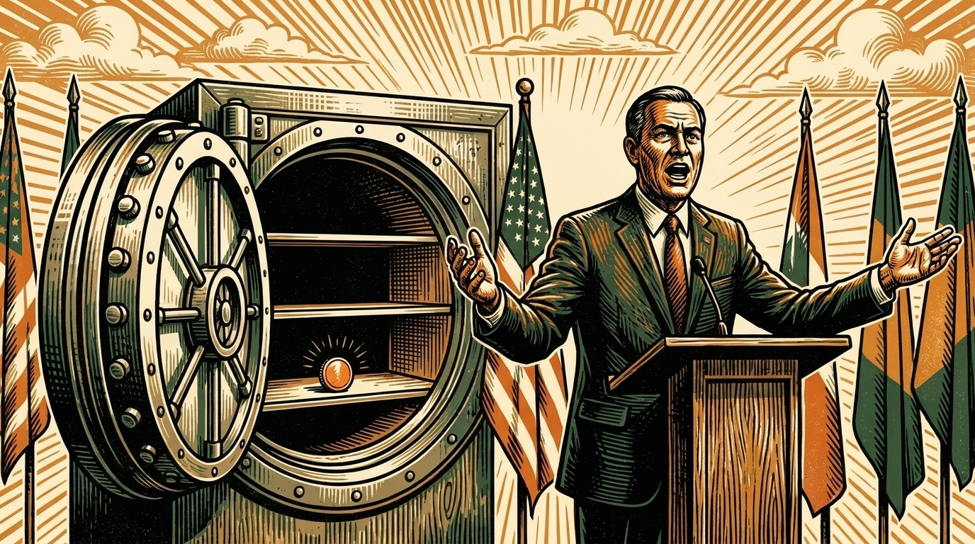A government official addresses flags at a podium while an open vault behind holds a single coin, linocut