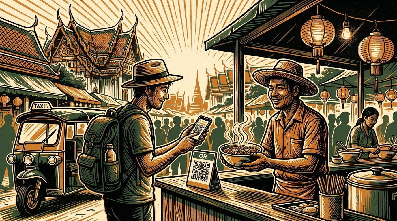 A traveler pays a Bangkok street-food vendor by phone QR while the vendor hands over a bowl of noodles, linocut