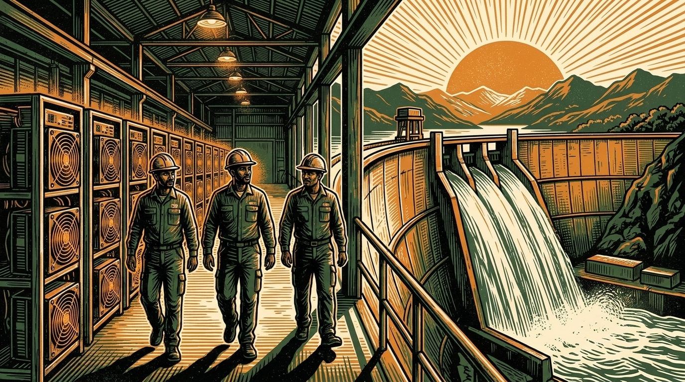 Ethiopian engineers walk a row of bitcoin-mining machines beside a highland hydroelectric dam, linocut