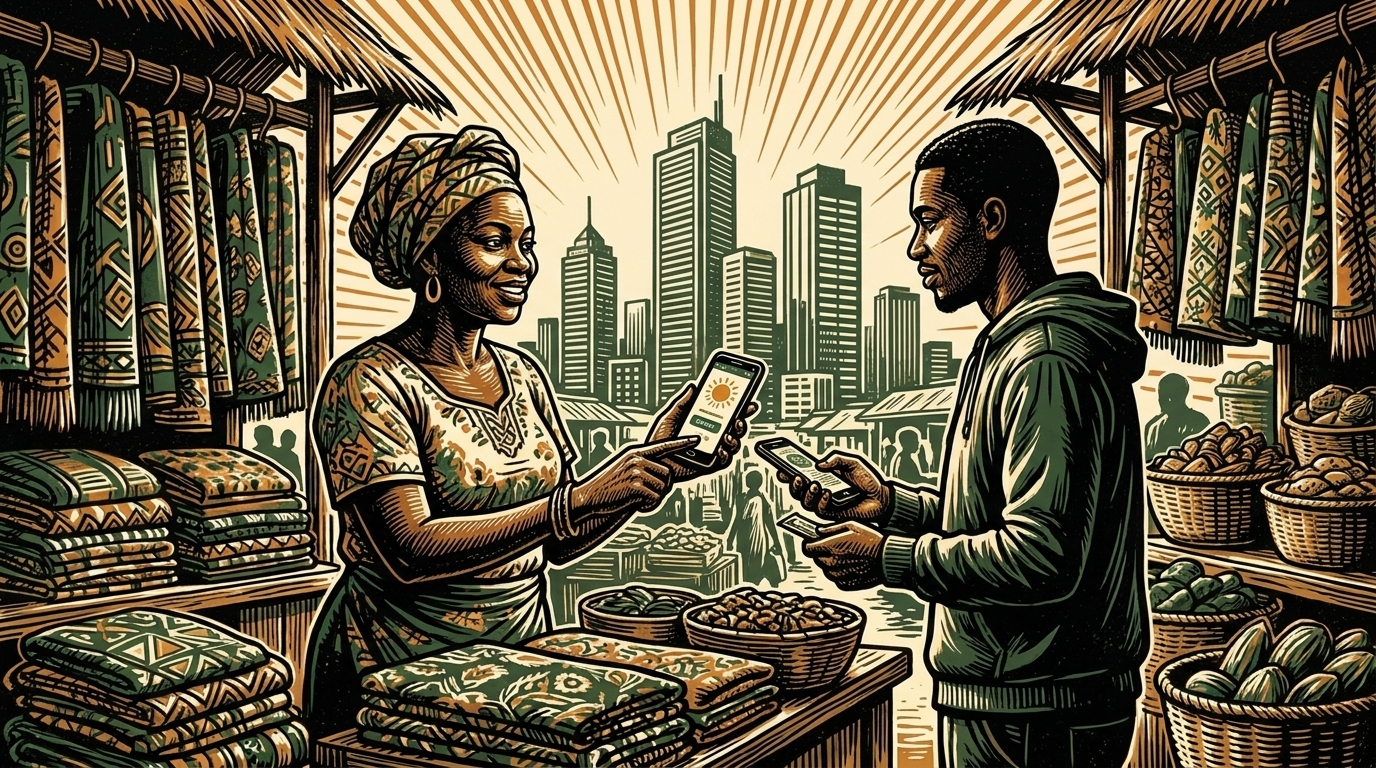 A Lagos market trader accepts a mobile-phone payment at a busy stall with city towers behind, linocut