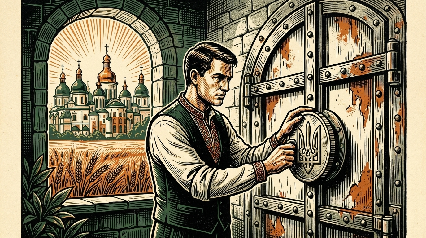 A Ukrainian central-bank clerk locks a coin into an iron vault with Kyiv's Saint Sophia domes through the window, linocut