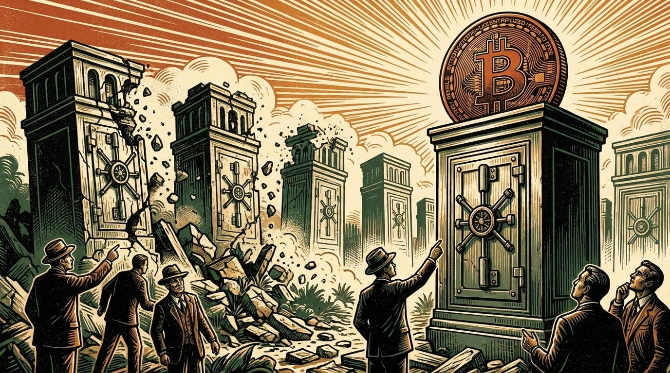 A row of bank-vault towers on a trading floor, some solid and some crumbling, an orange coin on the strongest, linocut