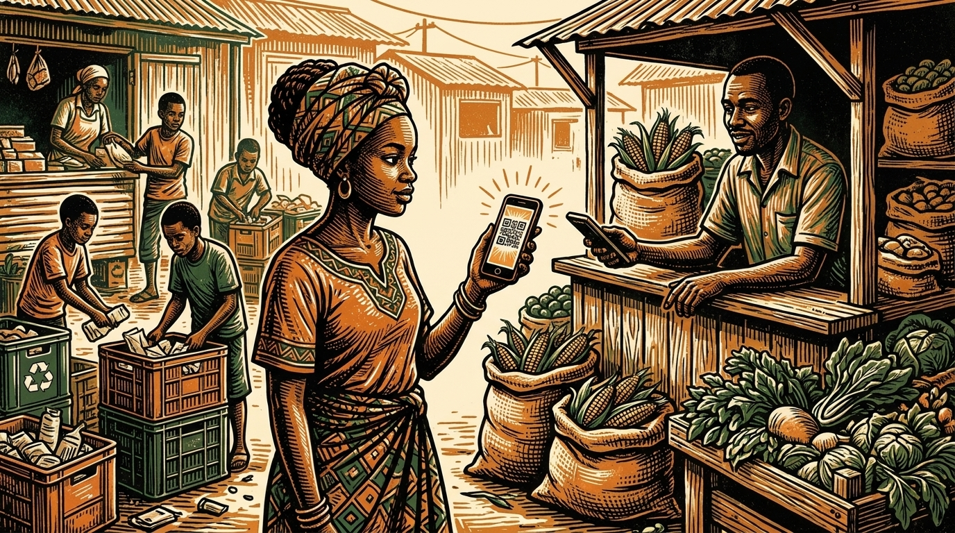 A young woman pays a Nairobi market grocer by phone QR beside community recycling crates, linocut