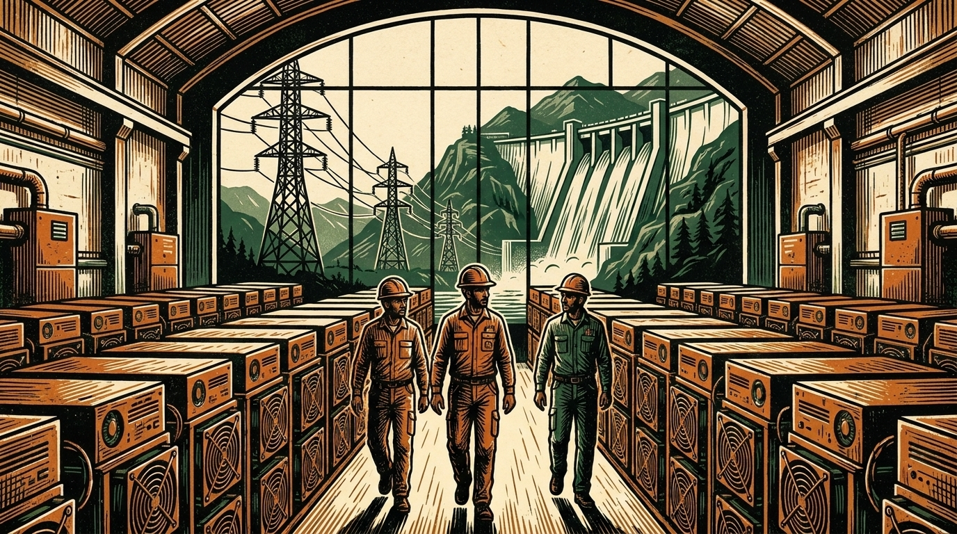 Engineers walk rows of bitcoin-mining machines inside a Pakistani power station, a dam and transmission towers behind, linocut