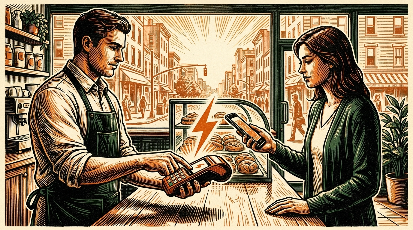 A barista taps a card terminal glowing with a lightning bolt as a customer pays by phone in a small American cafe, linocut