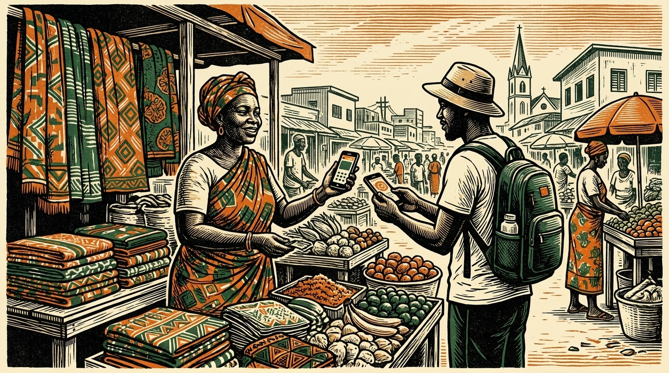 A market trader in bright cloth accepts a mobile phone payment at a bustling Accra street market, linocut