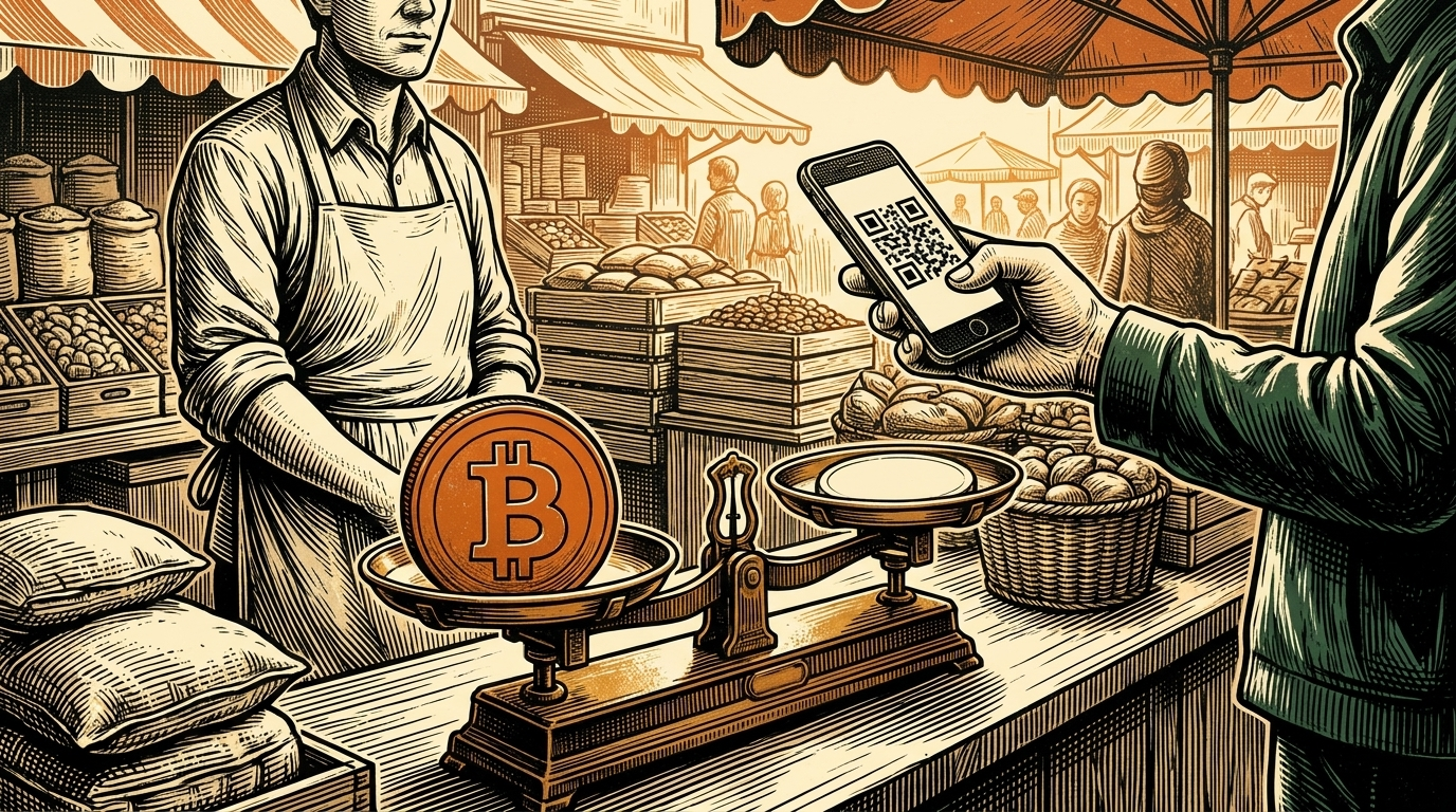 A shopper's hand holds a phone above a brass balance scale weighing an orange coin against a plain disc at a market counter, linocut