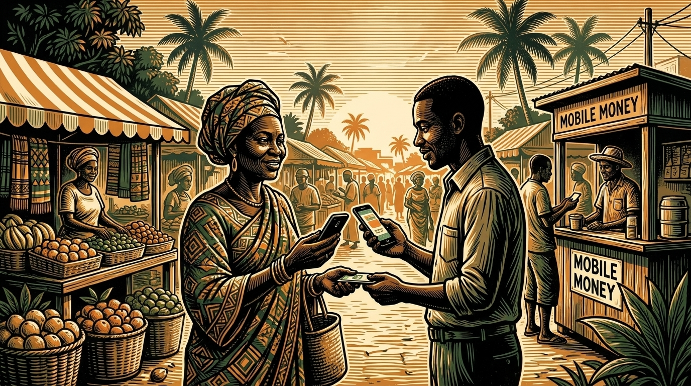 A Dakar market vendor accepts a phone payment at a fruit stall, three-color linocut