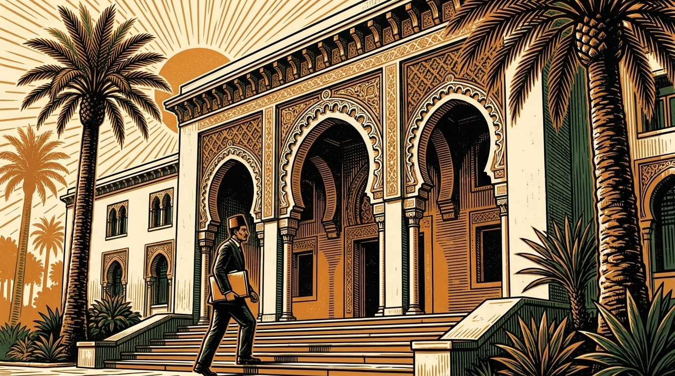 A central bank building in Rabat with Moorish arches and an official on the steps, linocut