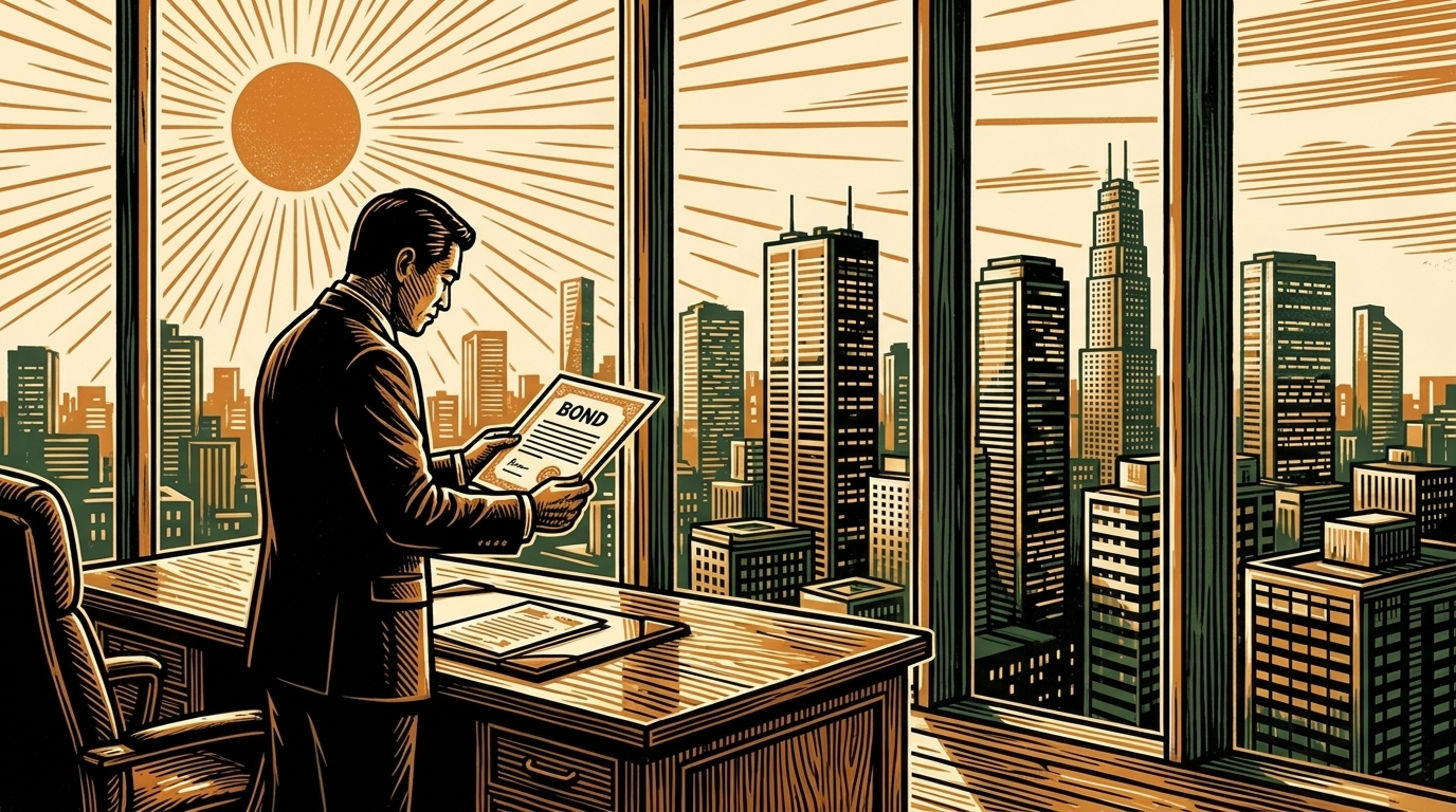 A Tokyo executive reviews a bond certificate against the city skyline, three-color linocut