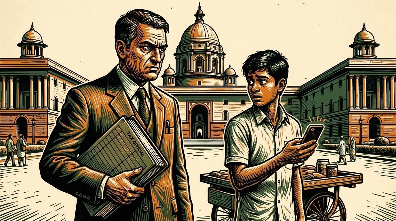 A tax official with a ledger beside a young trader on a phone at a Delhi government building, linocut