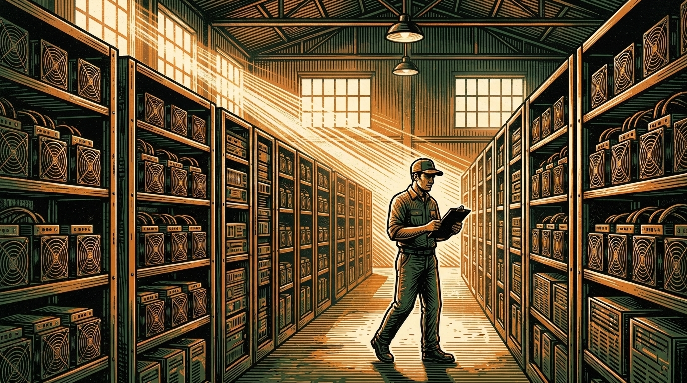 A lone technician walks rows of humming bitcoin mining machines under high windows, linocut