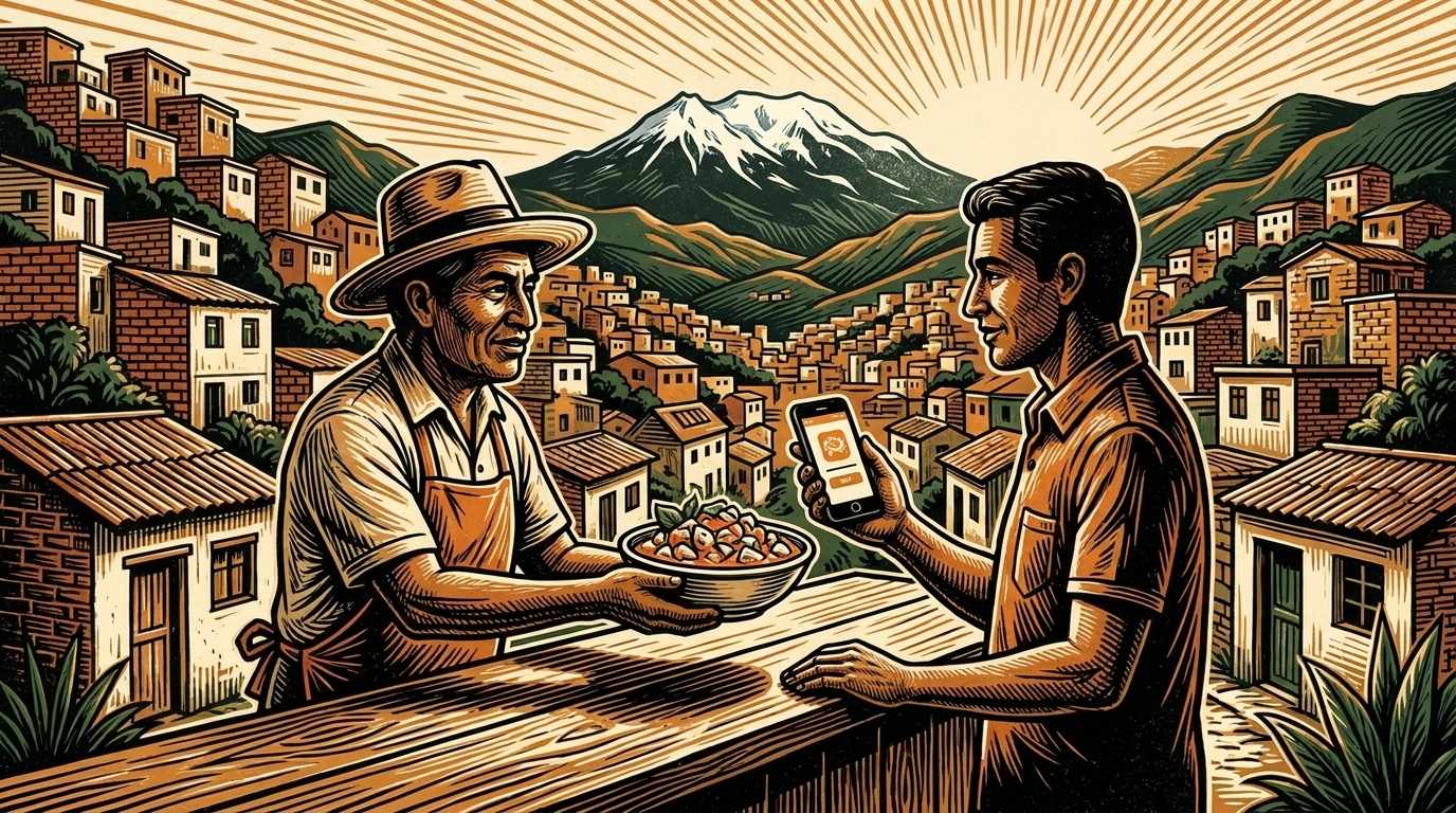 A cevicheria cook in La Paz hands a bowl across the counter as a customer pays by phone, linocut