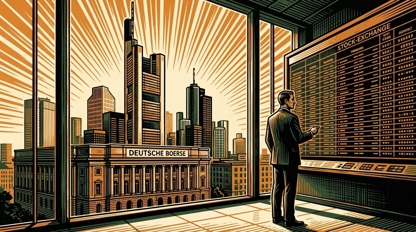 An institutional trader before a ticker board in a Frankfurt glass tower, linocut