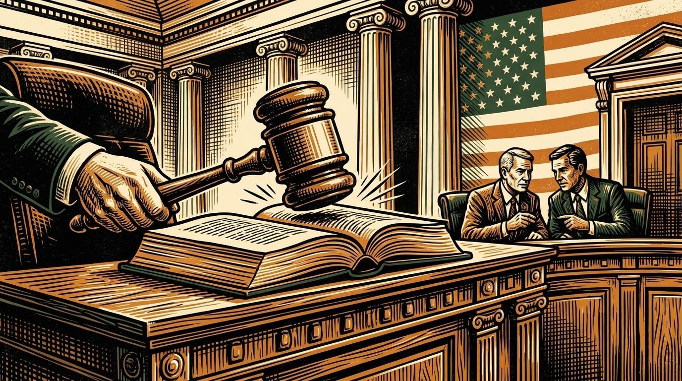 A Senate committee gavel comes down over a lawbook in a columned hearing room, linocut
